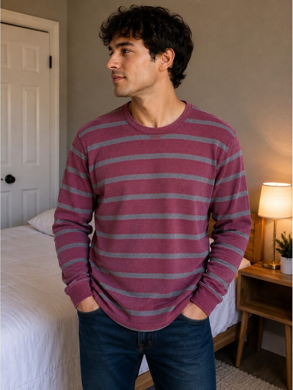 Old Navy Men's Large Burgundy and Gray Striped Long Sleeve Thermal Shirt